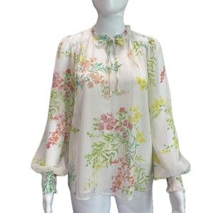 cupcakes & cashmere Sheer Floral Peasant Blouse Size Small Long Balloon Sleeve